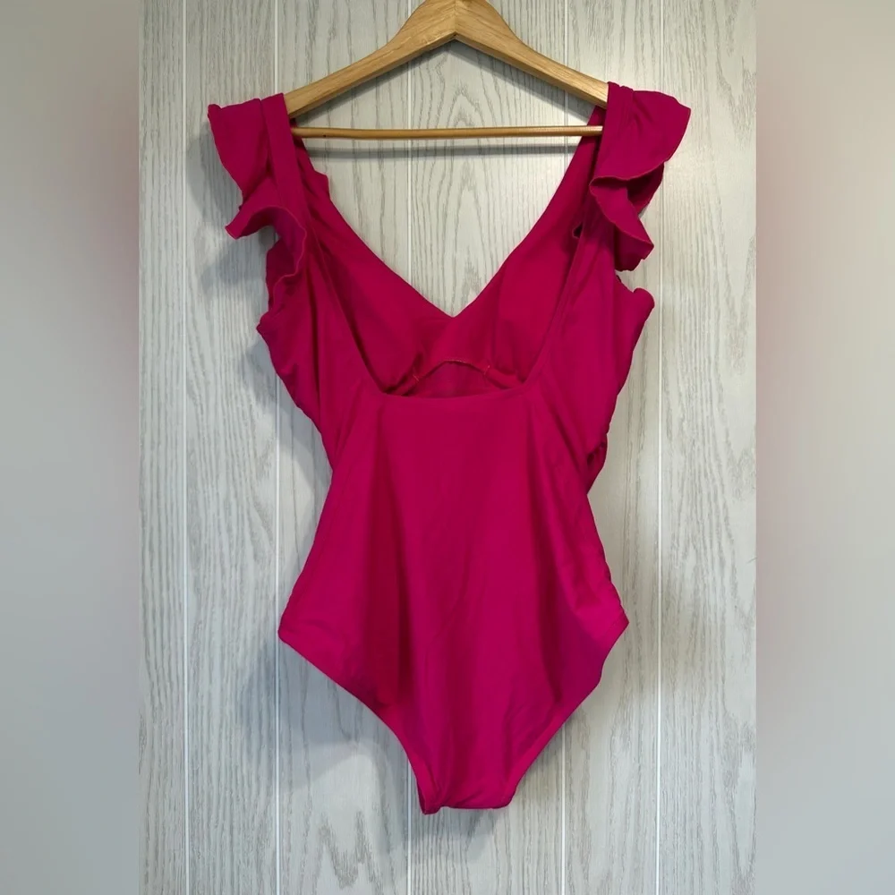 DKNY Plunging V-Neck Ruffle Shoulder One-Piece Swimsuit Size L LNC - Picture 4 of 5